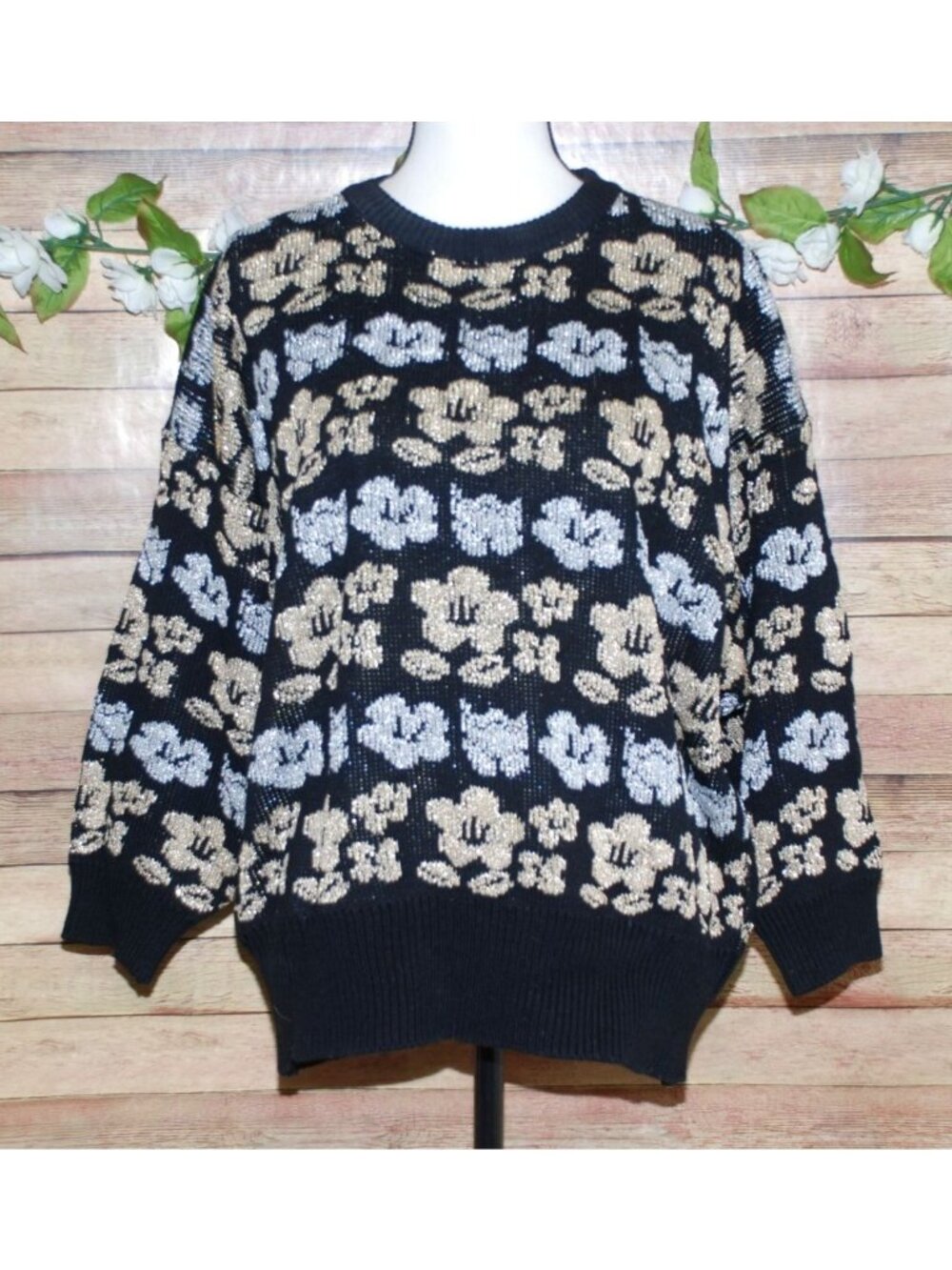 VTG International Sportswear Black Sweater Womens Size 22W Metallic Floral Retro